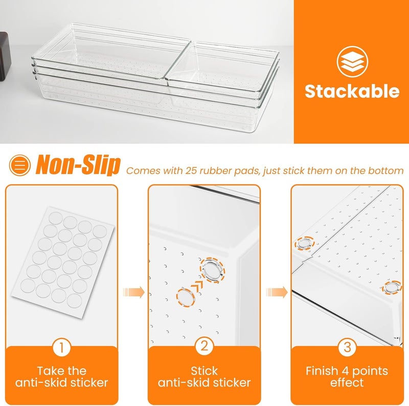 Criusia 6 Pcs Large Size Clear Drawer Organizer Set, Acrylic Non Slip Non Cracking Kitchen Drawer Storage Tray Divider, Multifunctional Storage for Cosmetics, Bathroom, Tools, Kitchen and Office - Image 3